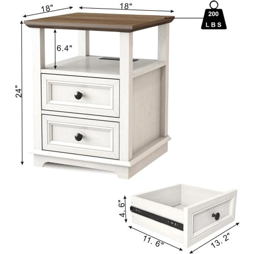 End Table with Fast Charging Station, Side Table with 2 Drawers | Large Storage Rustic Wood Square Storage Cabinet for Living Room,Bedroom,Office