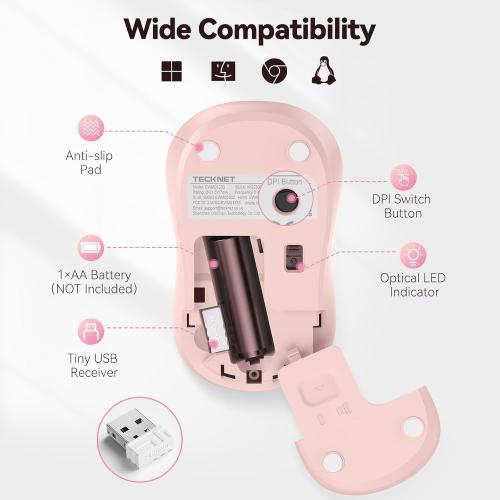 TECKNET Wireless Mouse for Laptop, 2.4G Silent Computer Mouse Quiet Click with 5 DPI Levels,Contoured Grip,Small Portable 30 Months Battery Cordless Mice for PC, Chromebook, Mac - Pink