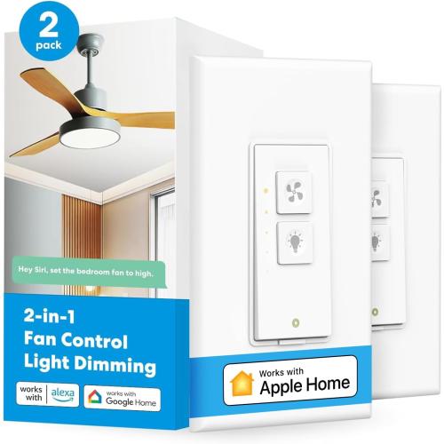 meross Smart Ceiling Fan Control and Dimmer Switch, Supports Apple HomeKit, Alexa, Google & SmartThings, 2.4G Wi-Fi Fan and Light Switch Combo, 4 Fan Speed, Neutral Wire Needed, Single Pole, 2 Pack