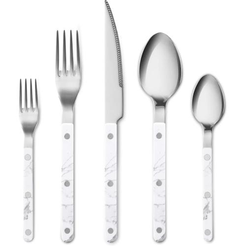 CAROTE Silverware Set with White Marble Handle, 20 Piece Flatware Cutlery Set for 4, Stainless Steel Kitchen Utensil Set for Home Restaurant Party, Dishwasher Safe