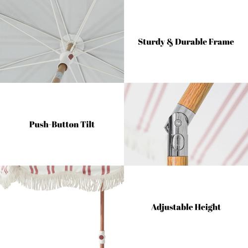 Striped 6.5FT Striped Beach Umbrella with Fringe, UPF 50  Sun Protection, Adjustable Height and Tilt Design, Wind-Resistant Fiberglass Ribs, Sturdy Wood Grain Iron Pole, Lightweight & Portable with Carry Bag, Base Not Included