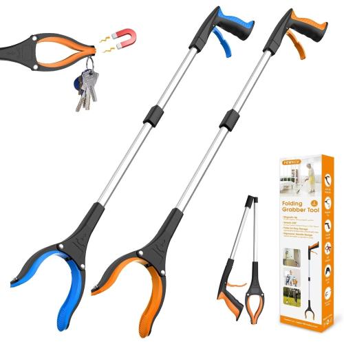 32 Grabber Reacher Tool, 2-Pack Foldable Reacher Grabber Pickup Tool with 360° Rotating Jaw & Magnet, Trash Picker Upper Grabber, Lightweight Grabbers for Seniors Heavy Duty