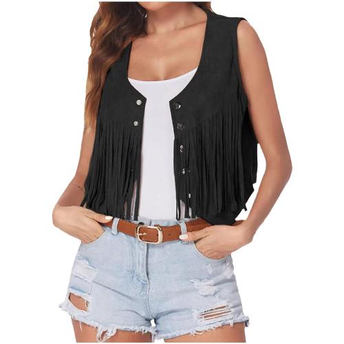 Size M Womens Vintage Western Fringe Vest Tops Classic 70s Cowboy Solid Mini Shirt Sleeveless Tassels Short Cardigan Jackets