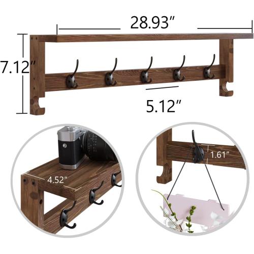 AMBIRD Coat Rack Wall Mount with Shelf, 28.9 Inches Coat Hooks Wall Mounted with 5 Hooks, Wall Hat Hooks for Hanging in Entryway, Living Room, Bathroom, Bedroom (Brown)