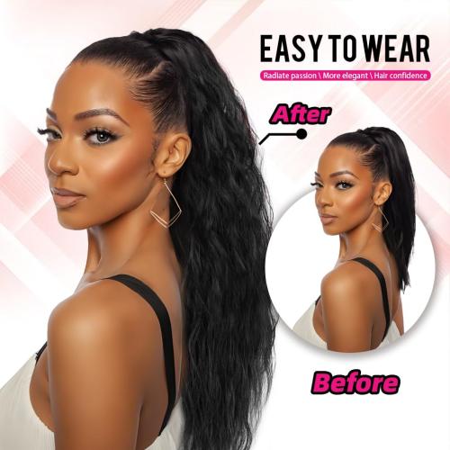 rosmile Corn Wave Drawstring Ponytail 140 Grams Natural Black Wave Ponytail Clip in Extension 22 Inches Synthetic Corn Curly Wave Ponytail for Black Women(1B,Natural Black)