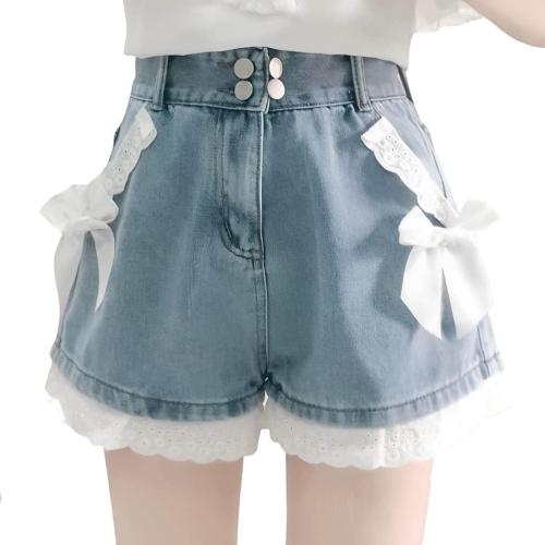 Harajuku Large Y2K Style Pastel Kawaii Gothic High Waisted Straight Wide Leg Vintage Lace Bows Trim Denim Shorts
