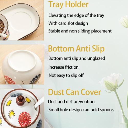 Set of 2 and Ceramic Condiment Jars with Lid Spoon and Tray, Modern Elegant Spice Container Sugar Bowl Seasoning Jars for Home and Kitchen Counter (Red)