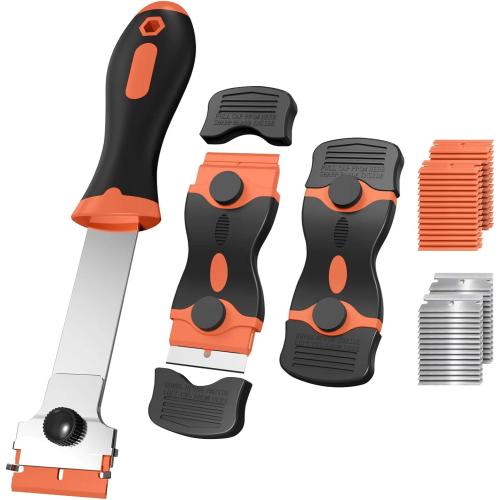 Ywmoml 3 Pack Razor Blade Scraper Set, Includes 30 Plastic & 30 Metal Blades, Multi-Purpose Tool for Glass, Cooktop, Sticker Removal, Paint & Gum Cleaning (Orange)