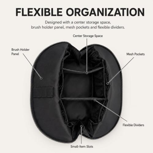 Standing Fold Down Parallel Travel Makeup Bag for Women, Cosmetic Organizer with Multi-Compartments, Stand Bag Organizes skincare, Makeup and Brushes (Premium Version, Black, Medium)