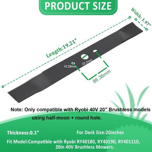 20 Inch Lawn Mower Replacement Blade Compatible with Ryobi 40V Brushless RY40180, RY40190, RY401110 Model Mowers, Replaces AC04020, Half‑Moon   Round Center Hole