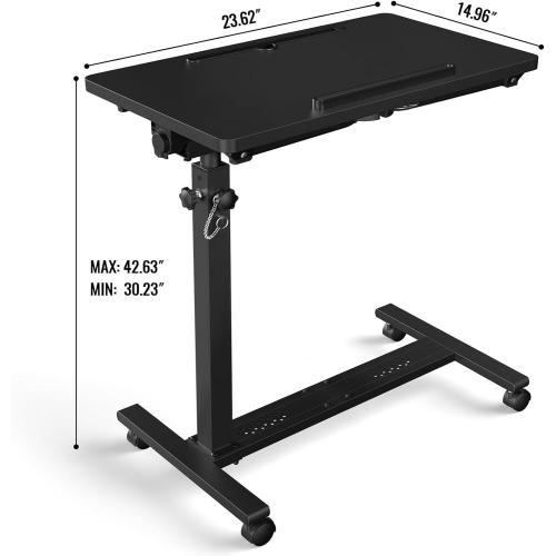 Black Adjustable Overbed Bedside Table, Hospital Bed Table with Wheels, Portable Rolling Desk, Mobile Small Standing Desk, Rolling Laptop Stand, Computer Cart