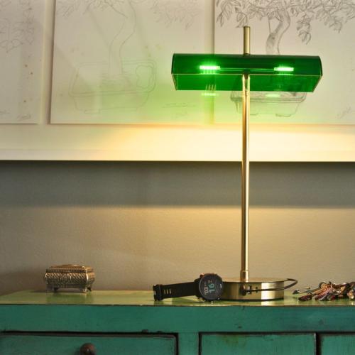 Bankers Modern Desk Lamp, Elevate Your Space with 3-Port Fast Charging Station (A  C USB Ports), Emerald Acrylic Lampshade, Satin Brass Finish. Old Classic with Modern-Inspired Design