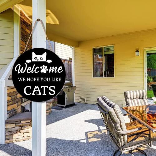 Welcome Sign Hope You Like Cat Wreath Porch Housewarming Rustic Farmhouse Wall Hanging Garland Outdoor Indoor Home Farmhouse Decor, 12