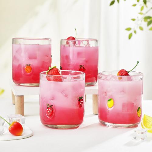 SiliFine 4 Pack Fruit Icon Juice Glasses Set - 14 oz Lemon, Strawberry, Cherry, Orange Stemless Glass Cup for Coffee Wine Cocktail Drinking - Summer Birthday Holiday Party Supplies & Ideal Gift
