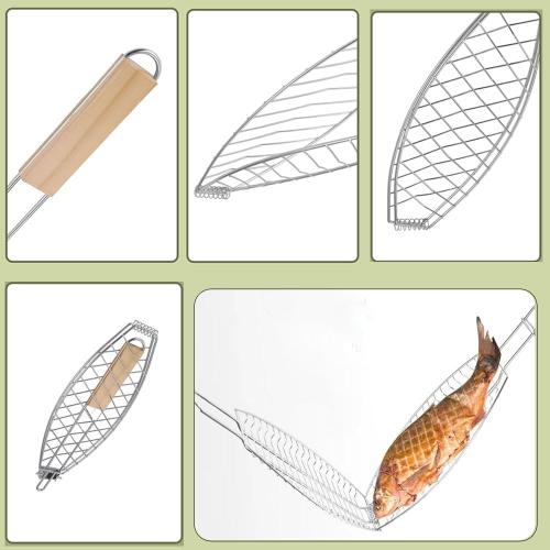 Fish Grilling Basket Fish Holder Kabob Salmon Shrimp Seafood Cage Rack with Oil Brushes