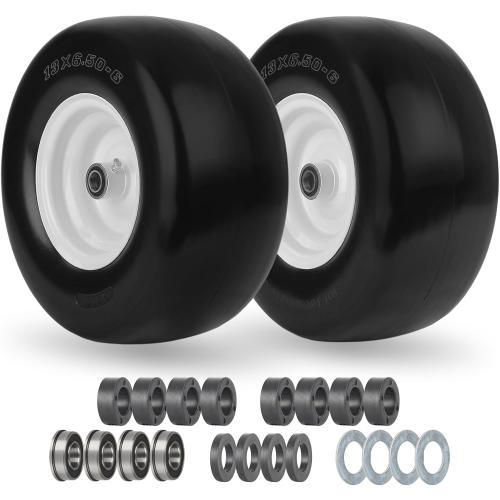 13x6.50-6 Flat Free Lawn Mower Tire and Wheel, Solid Smooth Zero Turn Mower Front Tire Assembly, with 3/4 & 5/8 Bearing, 4-6.5 Centered Hub, Compatible with Lawnmower Garden Tractor, 2 Pack
