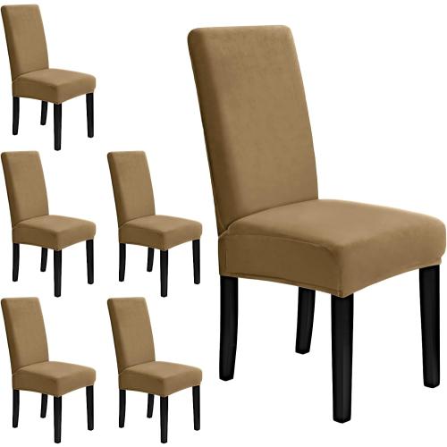 MOSAYT Velvet Stretch Chair Covers for Dining Room Set of 6 - Soft Slipcovers with Thick Removable Fabric for Parsons Chairs, Washable Seat Protectors for Kitchen, Banquet & Home Decor, Camel