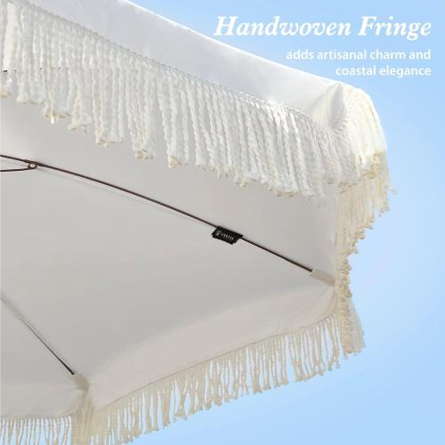 AMMSUN 7ft Patio Umbrella with Fringe Outdoor Tassel Umbrella UPF50  Premium Steel Pole and Ribs Push Button Tilt, Cream White