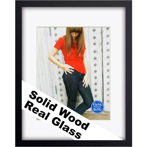 RPJC 11x14 Picture Frame Solid Wood, Fits 8x10 with Mat or 11x14 Without Mat, Real Glass Photo Frame for Wall Mounting, Black Gift-Ready in White Box, 2026 Black