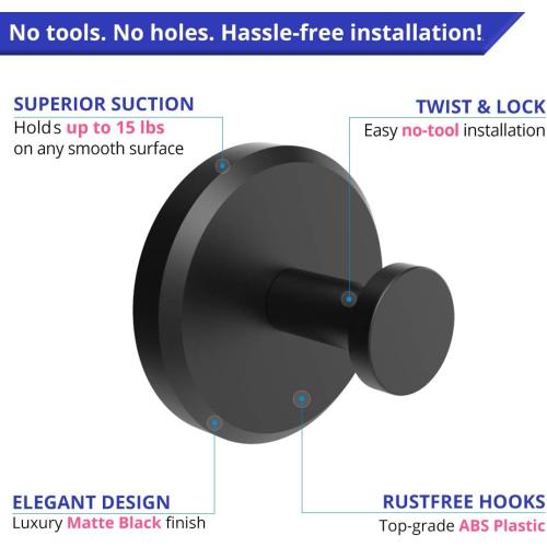 HOME SO Suction Cup Hooks for Shower, Bathroom, Kitchen, Glass Door, Mirror, Tile – Loofah, Towel, Coat, Bath Robe Hook Holder for Hanging up to 15 lbs – Waterproof & Rustproof, Matte Black (2-Pack)