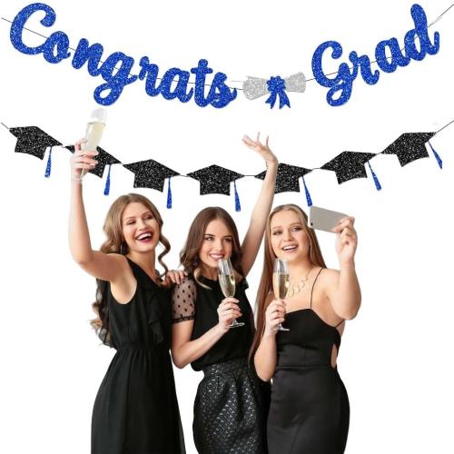 Congrats Grad Banner - 2 Pcs Glitter Congrats Grad with Tassel for Graduation Party DIY Decorations, Class of 2025/2026 Graduation Decorations Party Supplies, Blue and Black