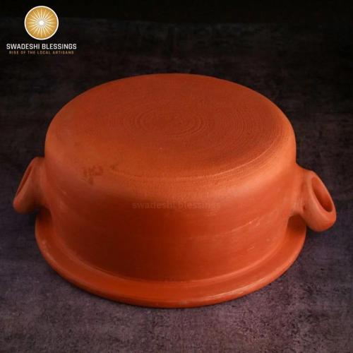 Swadeshi Blessings Exclusive Range Unglazed Clay Pot For Serving with Lid/Earthen Kadai/Mud Handi/Mitti Ke Bartan (With Mirror Shine)   PALM STAND & ASH For Cleaning (3.5 Liters)