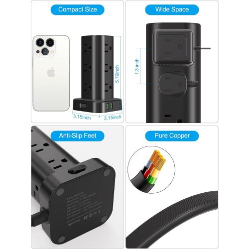 Power Strip Tower with Multiple Outlets, Flat Plug Surge Protector Tower Extension Cord with 12 AC Outlets 4 USB Ports (2 USB C), 6FT Cord Power Tower Surge Protector for Home Office Dorm Room, Black