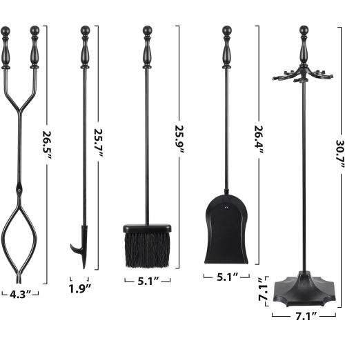 5 Pieces Fireplace Tools Sets Indoor Outdoor Wrought Iron Large Fire Place Set Tools, Fire Pit Tools with Poker Shovel Tongs Brush and Stand, Black