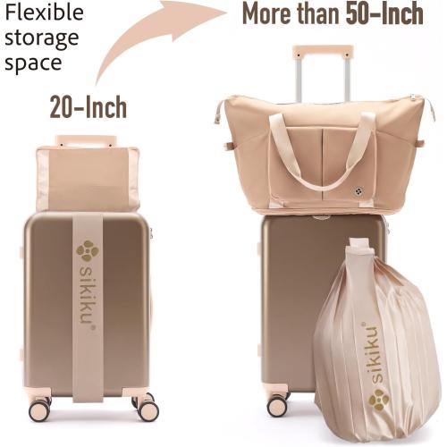 Size 20 Set of 4-Piece Color Gold  Lightweight Luggage Sets for Women, Hardshell Spinner Suitcase with TSA Lock, Expandable Duffel Bag, Luggage Strap, and Leather Tag（Titanium Gold, 20inch)