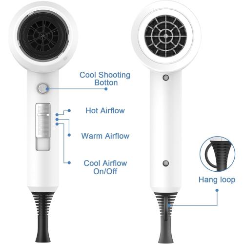 Slopehill Professional Ionic Hair Dryer, Powerful 1800W Fast Drying Low Noise Blow Dryer with 2 Concentrator Nozzle 1 Diffuser Attachments for Home Salon Travel (White)