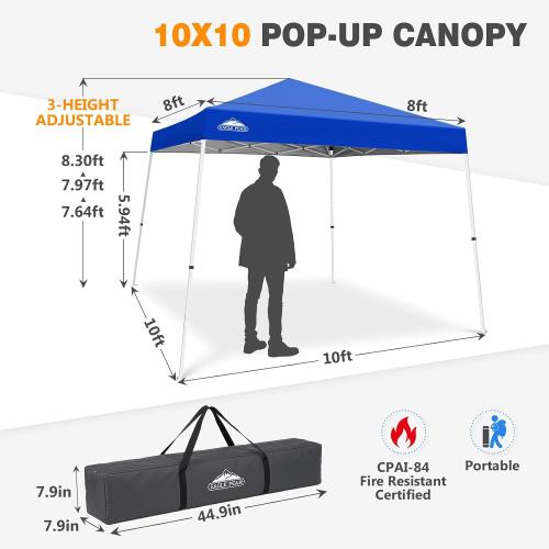 EAGLE PEAK 10x10 Slant Leg Pop Up Canopy Tent, Blue | PeakPush™ Center Lock, Easy 1 Person Setup Pop Up Tent, Portable Sports & Camping Shelter, 10x10 Base 8x8 Top, Carry Bag