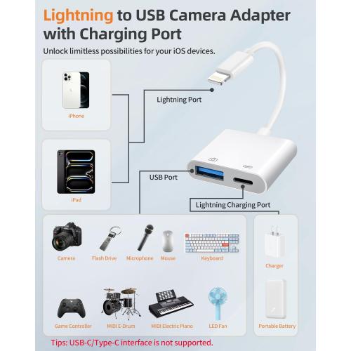 [Apple MFi Certified] Lightning to USB Camera Adapter with Charging Port for iPhone, USB3 Female OTG Adapter Compatible with iPhone/iPad Card, Readers, USB Flash Drives, Keyboards, Mice