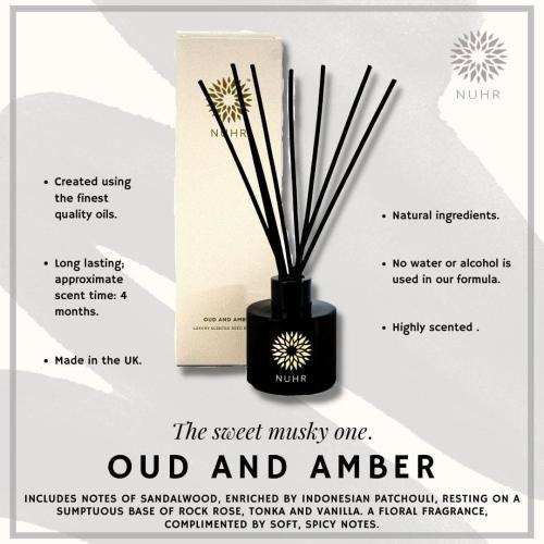 NUHR Home Reed Diffuser Oud & Amber Sticks for Home Multi Note Fragrance - Long Lasting Aroma Perfect Reed Diffuser, Minimum of 4 Months, UK-Made- Gift Set 100ml