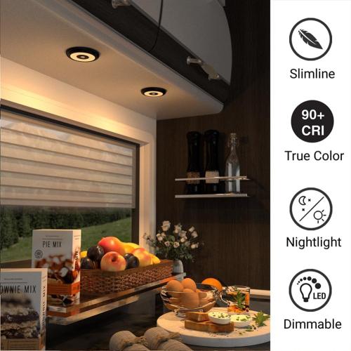 Acegoo RV LED Puck Light Camper Van 3' Overhead Ceiling & Down Light, 12V for Motorhome Boat Truck Trailer Cars, Inbuilt Dimmer Switch & Blue Nightlight, CRI90  (Black 3000K)