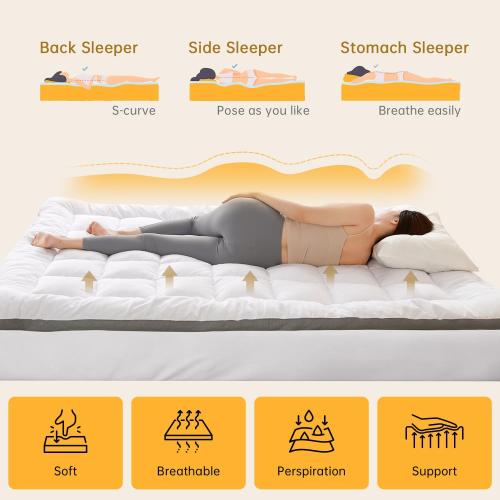 Queen Size Mattress pad inch 60*80 inches Stretchable Pockets, Soft Pillow Top Mattress Pad for Back Pain Relief with Breathable Air Mesh Sides