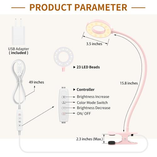 iZELL Desk Lamp, [3 Color Modes & 10 Brightness] LED Reading Light with Clamp, Flexible Gooseneck Book Light for Kids Reading Book in Bed at Night Clip on Table, Headboard, Dorm - 15.8‘’ Pink