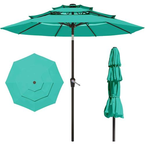 10FT Patio Umbrella 3 Tiers Outdoor Market Umbrella w/Push Button Tilt, Crank, UV and Waterproof Table Umbrella for Garden, Pool, Backyard, Deck, Lawn, Turquoise Blue