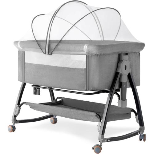 Bedside Crib, 3 in 1 Bassinet with Quick Height Adjustment and Mosquito Nets Rocking Bassinet for Baby, Bedside Bassinet with Wheels, Easy to Fold, Golden Triangle Structure（Grey）