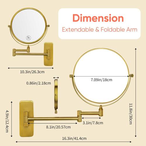 GURUN 8 Wall Mounted Makeup Mirror with 7X Magnification,Two-Sided Swivel Bathroom Mirror,Brushed Gold Finish M1406GJ(8,7X)