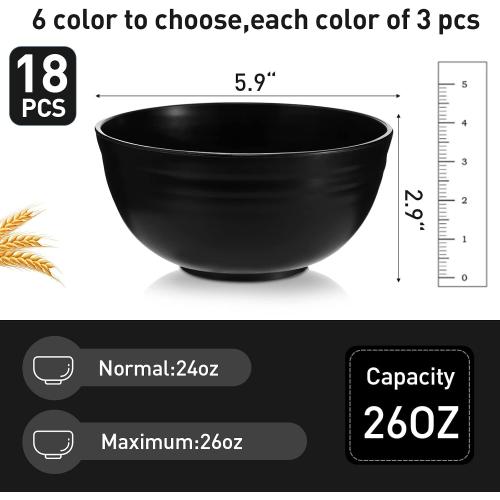 Geosar 18 Pcs Unbreakable Cereal Bowls 24 Oz Microwave and Dishwasher Safe Wheat Straw Fiber Lightweight Bowl for Soup Kitchen Serving Salad Dishes Oatmeal(Black)