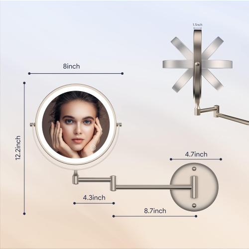 Rocollos Rechargeable Wall Mounted Lighted Makeup Mirror, 8 Inch Double-Sided LED Vanity Mirror 1X/10X Magnification,3 Color Lights Touch Screen Dimmable 360°Swivel 13 Inch Extendable