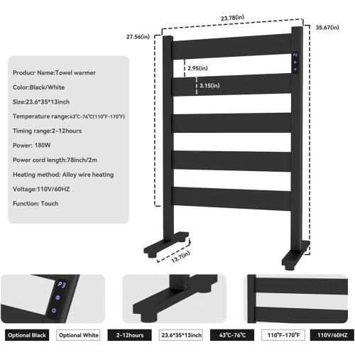 Size 5 Bars Color Black Towel Warmers for Bathroom, Space Aluminum Heated Towel Racks for Bathroom, with Built-in Timer&Temperature Adjustment, Freestanding Towel Heater,Matte Black,5 Bars