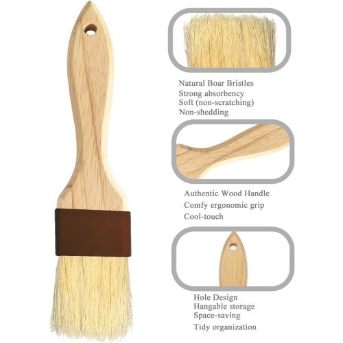 Basting Brush-Pastry Brush,Oil Brush for Cooking,Boar Bristles BBQ Brushes for Grill,Beech Wooden Handle Food Brush for Baking/Spreading Marinade/Sauce/Butter/Egg/Kitchen Baster Brushes(1.5 1 inch)