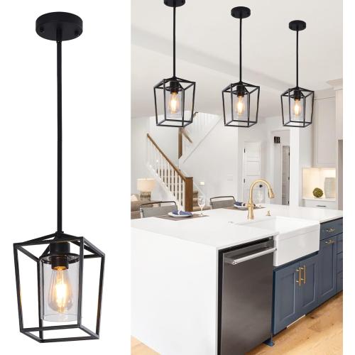 Pendant Light Fixture,Adjustable Black Iron Cage Farmhouse Metal Kitchen Island Hanging Light with Clear Glass Shade, Suitable for Kitchen Island, Entrance, Dining Room, Hallway(1 Light)…