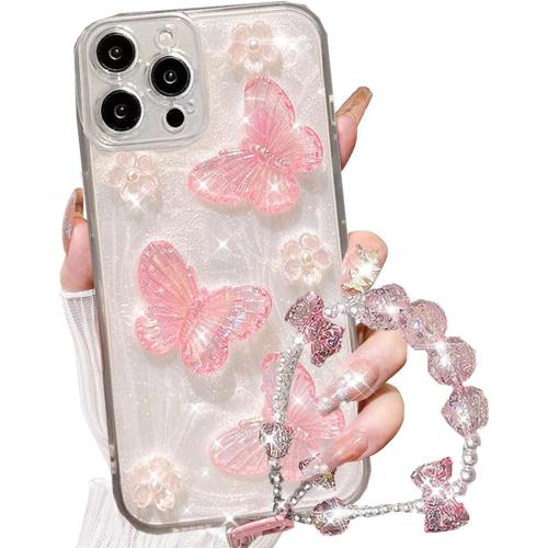 Changjia for iPhone 16 Pro Max Glitter Butterfly Case, Cute Girly 3D Flower Floral Pearl Bling Sparkle with Wrist Strap Chain Soft TPU Aesthetic Women Girls Phone Case for iPhone 16 Pro Max 6.9, Pink
