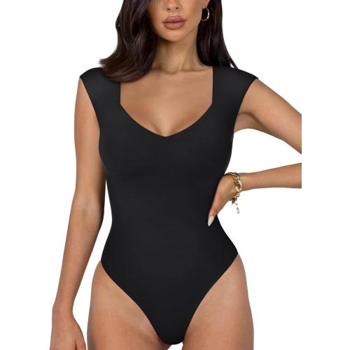 Size M REORIA Butsmooth® Women's Trendy Sexy Casual V Neck Double Lined Sleeveless Slimming Going Out Tank Top Bodysuits