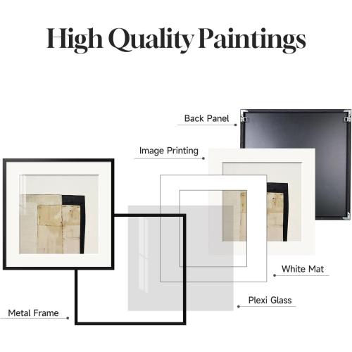 4 Piece Framed Neutral Abstract Wall Art Set, Tan and Black Geometric Modern Pictures Prints, Minimalist Luxury Paintings Artwork for Bedroom, Bathroom, Hallway and Living Room 12x12 Inch