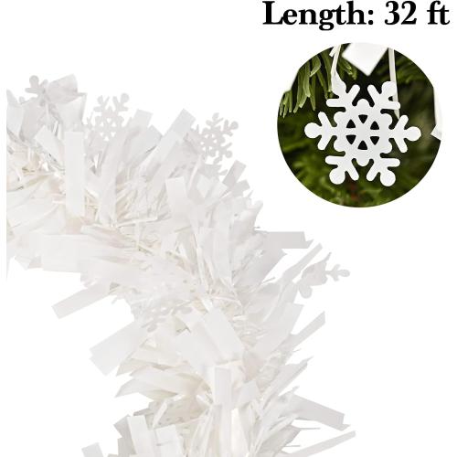 33ft /10m Snowflake Christmas Tinsel Garland White Metallic Twisted Hanging Garland with Star for Chistmas Tree Fireplace Home Decoration