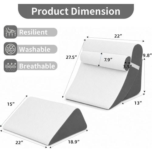 4PCS Orthopedic Bed Wedge Pillow Set for Post Surgery & Pain Relief, Adjustable Wedge Pillow for Back,Acid Reflux,Sitting up in Bed,Recovery,Snoring,Body Pillow for Sleeping (White/Dark Grey)