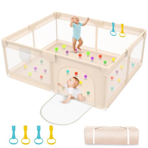 Playpen for Babies and Toddlers 79x71inch - Extra Large Baby Gate Play Pen with Soft Breathable Mesh Cover - Indoor and Outdoor Baby Playard - Portable Playpen for Babies (Apricot)